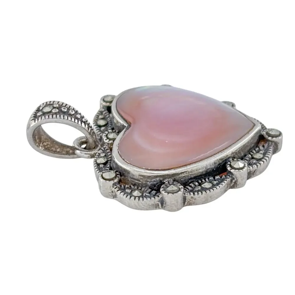 Vintage Sterling Silver 925 Mother of Pearl Marcasite Heart Pendant